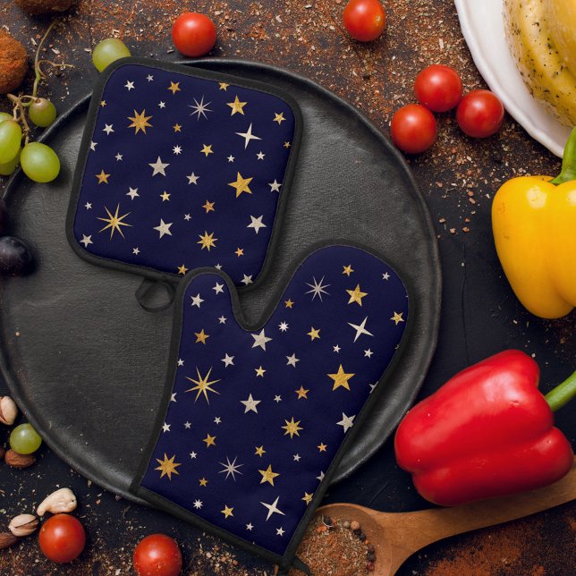 Chic Elegant Gold Silver Stars Navy Blauer Weihnac Ofenhandschuh & Topflappen-Set (Von Creator hochgeladen)