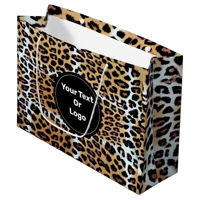 Chic Elegant Leopard Animal Print Personalisiert Große Geschenktüte (Vorderseite Schrägansicht)