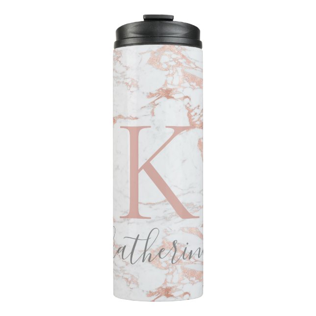 Chic Elegant Marmor und Rose Gold Foil Monogramm Thermosbecher (Vorderseite)