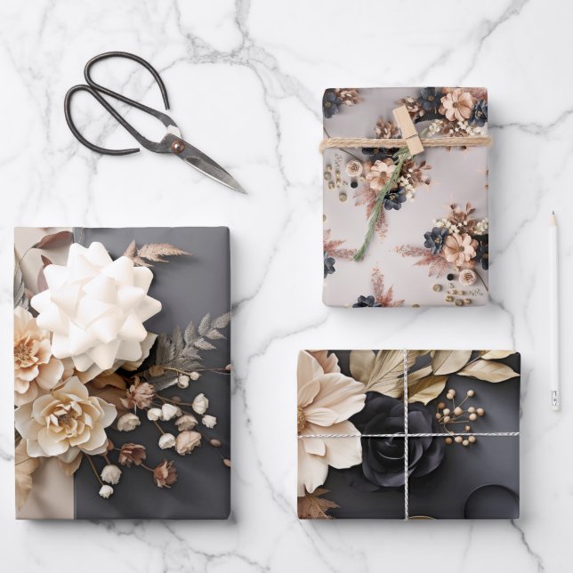 Chic Elegant Mutierte-Tone Winter Florals Design Geschenkpapier Set (Vorderseite)