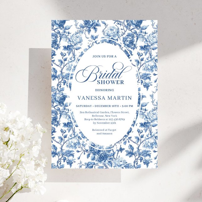 Chic Elegant Navy Toile de Jouy Rose Bridal Shower Einladung (Chic Elegant Navy Toile de Jouy Rose Bridal Shower Invitation)