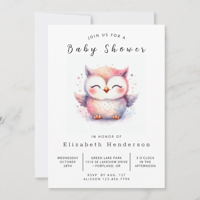 Chic Elegant Owl Baby Shower Einladung (Vorderseite)