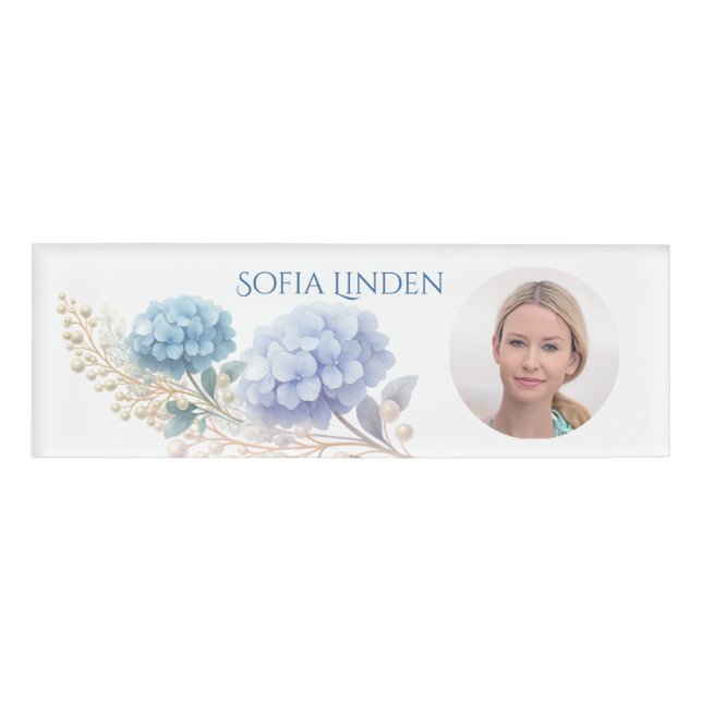 Chic Elegant Powder Blue Hydrangea Wasserfarbe Namenschild (Vorderseite)