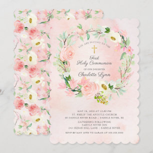 Chic & Elegant Rosa Rosa Blütenbraun Erste Kommune Einladung
