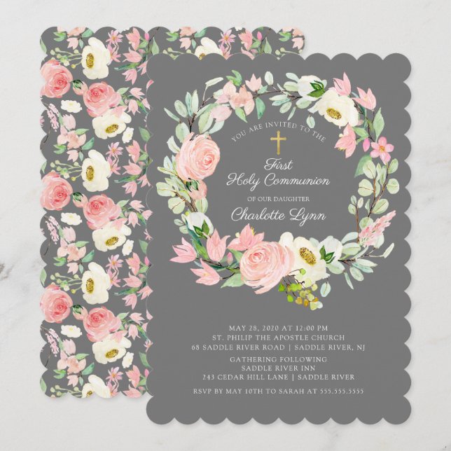 Chic & Elegant Rosa Rosa Blütenbraun Erste Kommune Einladung (Vorne/Hinten)