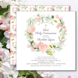 Chic & Elegant Rosa Rosa Blütenbraun Erste Kommune Einladung