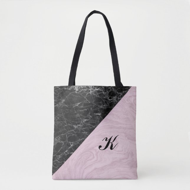 Chic Elegant Schwarz Rosa Marmor Mit Monogramm (Vorderseite)