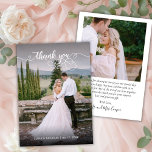 Chic Elegant Script 2 Foto Hochzeit Danke Karte<br><div class="desc">Modernes Chic Calligraphie Script Hochzeit 2 Foto Dankeschön Karte. Moderne Stilvolle Hochzeit danke Ihnen Vorlage mit einem vollen vertikalen Foto auf der Vorderseite mit dem Text "Danke" in einem skurrilen Wirblen Handschrift Schrift Swash Schwanz Schriftart-Drehbuch in weißem Overlay auf dem Bild. 2-seitige Karte mit 2 Foto. Einfaches Personalisieren Ihres Namens...</div>