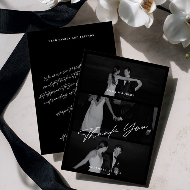 Chic Elegant Script Black 3 Foto Wedding Dankeskarte (Chic Elegant Script Black 3 Photo Wedding Thank You Card)