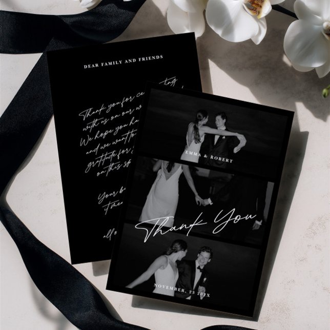 Chic Elegant Script Black 3 Foto Wedding Dankeskarte (Chic Elegant Script Black 3 Photo Wedding Thank You Card)