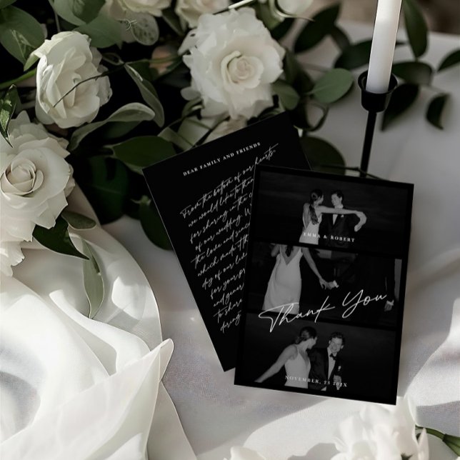 Chic Elegant Script Black 3 Foto Wedding Dankeskarte (Chic Elegant Script Black 3 Photo Wedding Thank You Card)