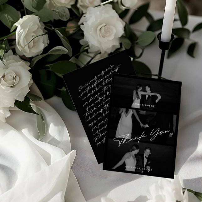 Chic Elegant Script Black 3 Foto Wedding Dankeskarte (Chic Elegant Script Black 3 Photo Wedding Thank You Card)
