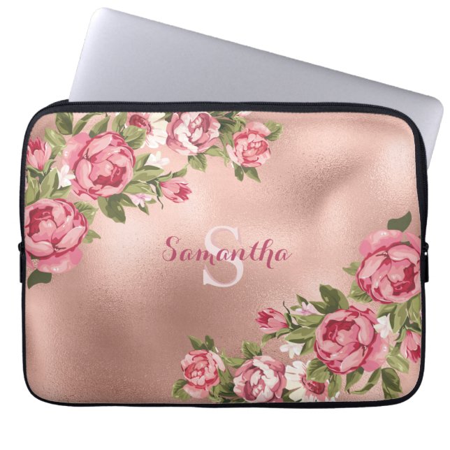 Chic Elegant Vintag Rosa Rosen Blumenname Laptopschutzhülle (Vorderseite)