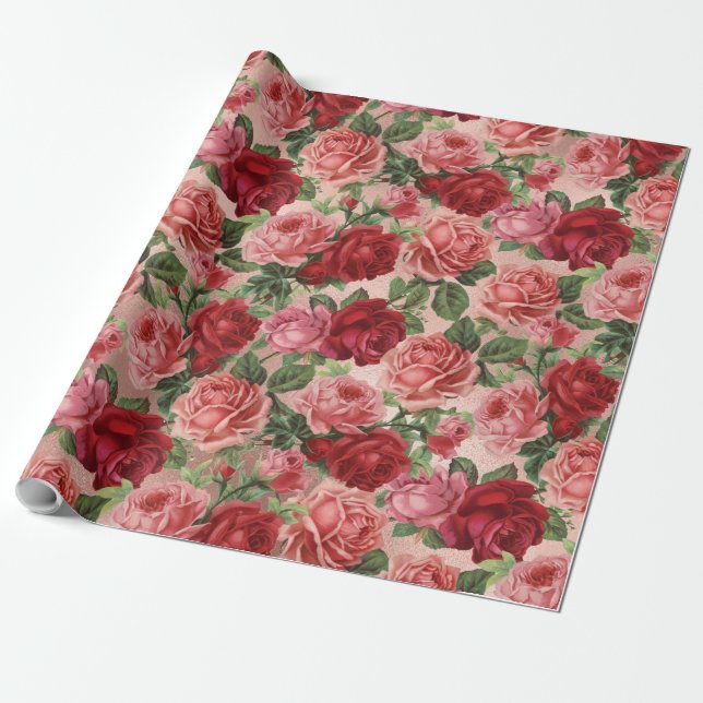 Chic Elegant Vintag Rosa Rote Rosen Blütenfarben Geschenkpapier (Ungerollt)