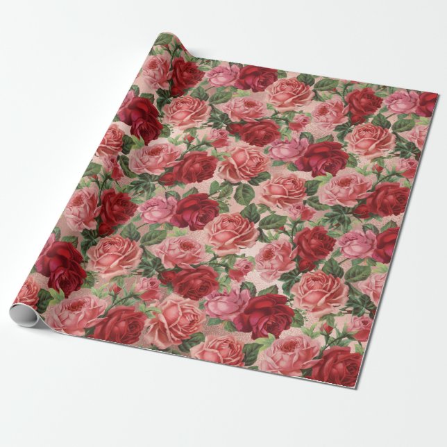Chic Elegant Vintag Rosa Rote Rosen Blütenfarben Geschenkpapier (Ungerollt)
