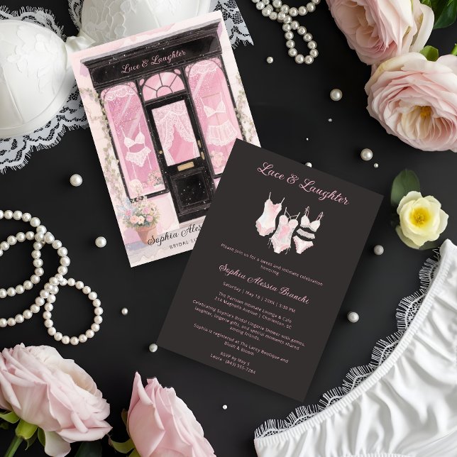 Chic Elegant Vintage Lingerie Bridal Shower Einladung (Elegant Vintage Lingerie Shop Bridal Shower Cards in Pastel Pink and Black Invitation Cards. )