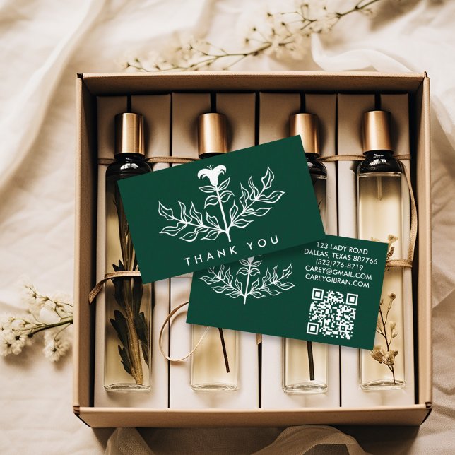 Chic Elegant White Lily QR Code Order Vielen Dank Visitenkarte (Custom thank you notes business cards with QR code and lily artwork)