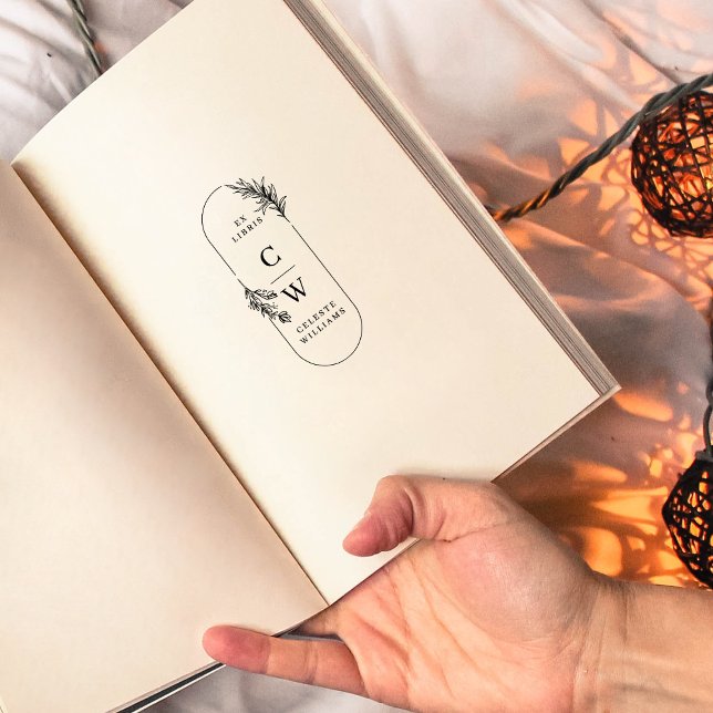 Chic Elegante Botanische Ex Libris Initialen Name Gummistempel (Von Creator hochgeladen)