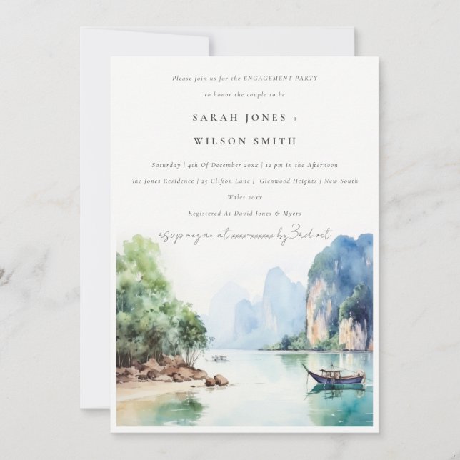 Chic Elegante Coastal Thailand Seascape Verlobung Einladung (Vorderseite)