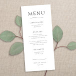 Chic Elegante Minimalistische Hochzeitsempfehlung Menükarte<br><div class="desc">Dieses klassische und dennoch moderne Dinner-Menü bietet einen schicken,  weißen Hintergrund mit eleganter schwarzer Typografie. Es ist das perfekte Design für jede elegante und dennoch moderne Hochzeit! Informationen zur Koordination von Elementen finden Sie in der Auflistung.</div>