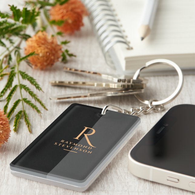 Chic Elegante Modernes Schwarzes Gold Mit Monogram Schlüsselanhänger (Vorderseite rechts)