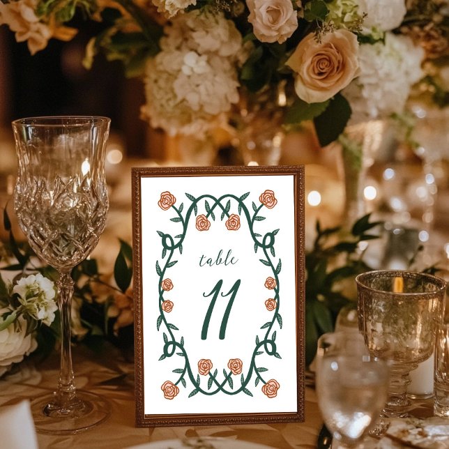 Chic Elegante Rose Rahmen botanisches BlumengrünPi Tischnummer (Chic Elegant Rose Frame Botanical Floral GreenPink Table Number Wedding Engagement Bridal Anniversar)