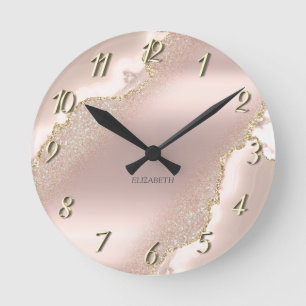 Chic Elegante Roségold Glitter Marmor   Runde Wanduhr