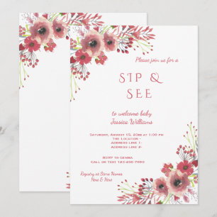 Chic-elegante rote Blumenaquarell-Sip & See-Einlad Einladung