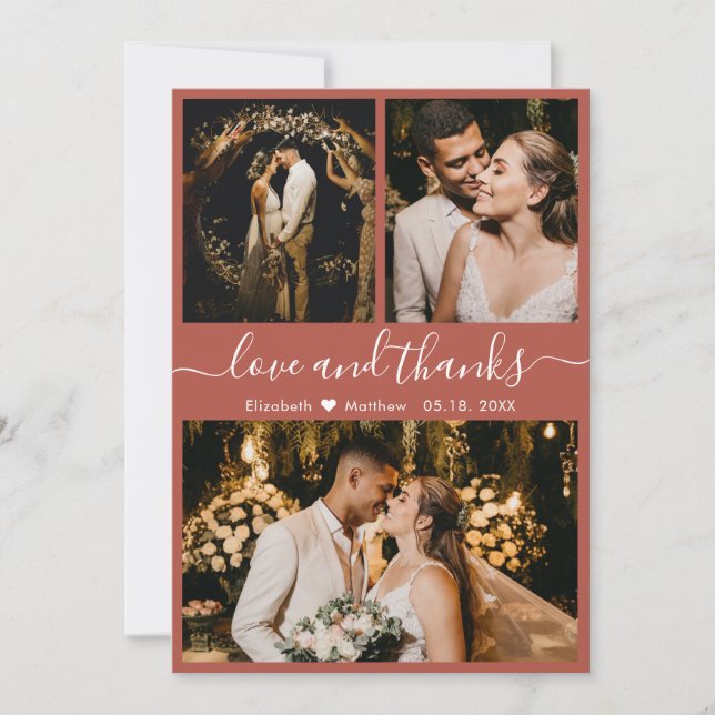 Chic Elegante Script 3 Foto Collage Wedding Dankeskarte (Vorderseite)
