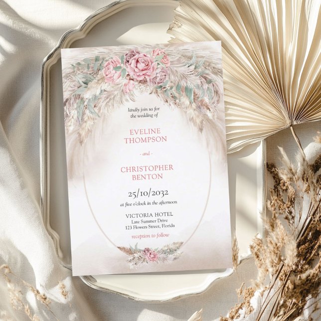 Chic elegante staubige Rose Pampas Salbei Grün Hoc Einladung (Chic elegant dusty rose pampas sage green wedding invitation)