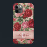 Chic Elegante Vintag rosa Rote Rosen Blumenname Case-Mate iPhone Hülle<br><div class="desc">Chic Elegant Vintag rosa Rote Rosen Blumenname Case-Mate iPhone Case Chic, Elegant, Vintag, Rosa, Blassviolett Rot, Rose Blumenname Handy Fall. Romantische, mädchenhafte Gestaltung einer Vintagen, blühenden, violetten rote Rose mit grünen Blätter auf Rose goldfarbenen Hintergrund. Sie können mit Ihrem Namen und Monogramm anpassen. Wenn Sie keine Personalisierung benötigen, können Sie...</div>