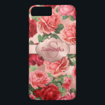 Chic Elegante Vintag rosa Rote Rosen Blumenname Case-Mate iPhone Hülle<br><div class="desc">Chic, elegant, Vintag, rosa, blassviolett, Blumenmuster der Rose. Romantische, mädchenhafte Gestaltung eines Vintagen Blumenrosa, blassviolette rote Rosen mit grünen Blätter auf der Rose goldfarben Hintergrund, mit Rose Gold-Label. Sie können mit Ihrem Namen und Monogramm anpassen. Wenn Sie keine Personalisierung benötigen, können Sie diese löschen. Diese mädchenhafte, farbenfrohe Rose ist eine...</div>