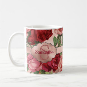 Chic Elegante Vintag rosa Rote Rosen Blumenname Kaffeetasse