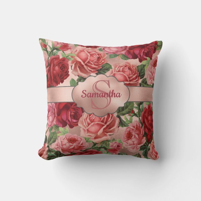 Chic Elegante Vintag rosa Rote Rosen Blumenname Kissen (Vorderseite)