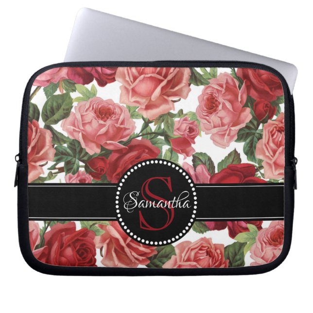 Chic Elegante Vintag Rosa Rote Rosen Blumenname Laptopschutzhülle (Vorderseite)