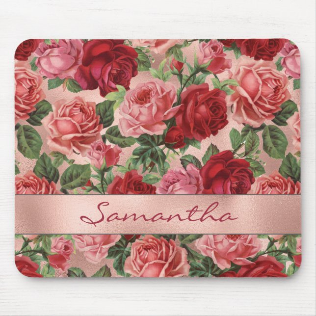 Chic Elegante Vintag rosa Rote Rosen Blumenname Mousepad (Vorne)