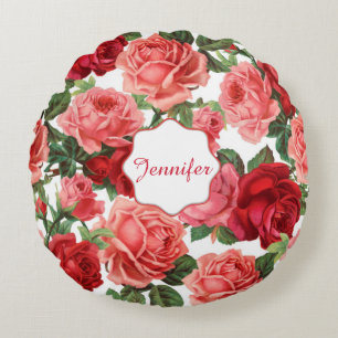Chic Elegante Vintag Rosa Rote Rosen Blumenname Rundes Kissen