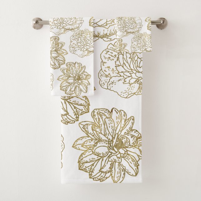 Chic Elegante White-Line Gezeichnet Blume-Muster Badhandtuch Set (Insitu)