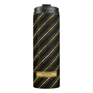Chic Elegantes Black and Imitats Gold Stripes Mono Thermosbecher