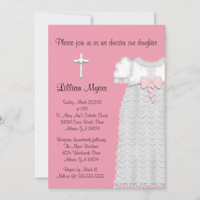 Chic Elegantes Cross & Dress Taufe/Christening Einladung (Vorderseite)