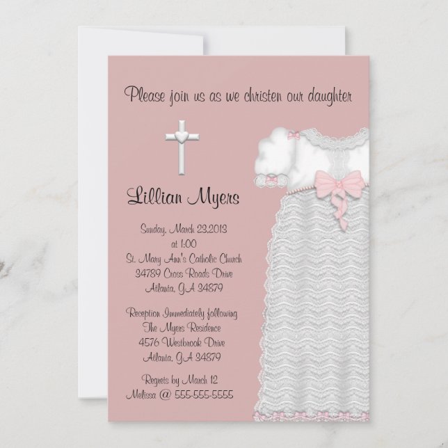 Chic Elegantes Cross & Dress Taufe/Christening Einladung (Vorderseite)
