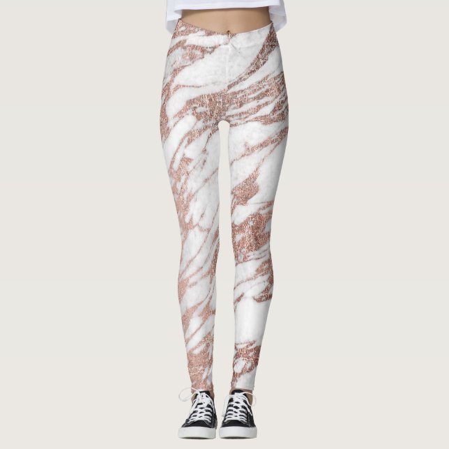 Chic-elegantes Weiß-und Rosen-Goldmarmor-Muster Leggings (Vorderseite)