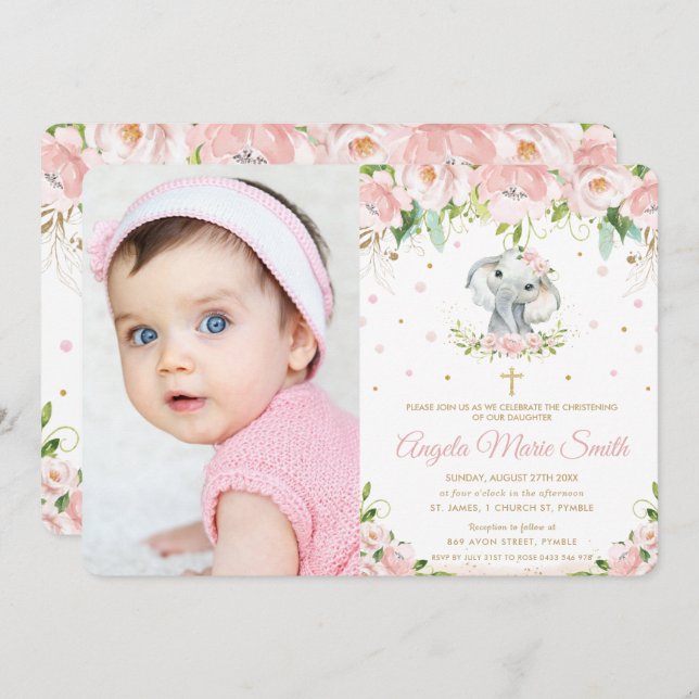 Chic Elephant Blush Pink Bloral Taufe Foto Einladung (Vorne/Hinten)