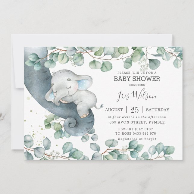 Chic Elephant Leafy Greenery Baby Shower Boy Einladung (Vorderseite)