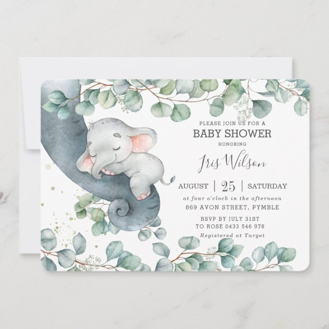 Chic Elephant Leafy Greenery Baby Shower Girl Einladung (Vorderseite)