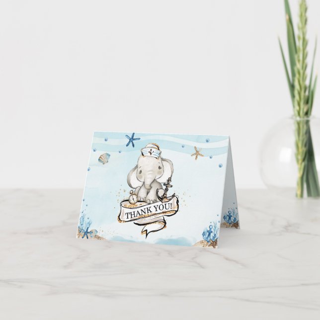 Chic Elephant Nautical Blue Boy Baby Dusche Dankeskarte (Vorderseite)