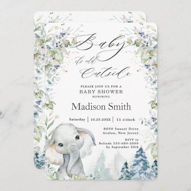 Chic Elephant Winter Alpine Baby Shower Neutral I Einladung (Vorne/Hinten)