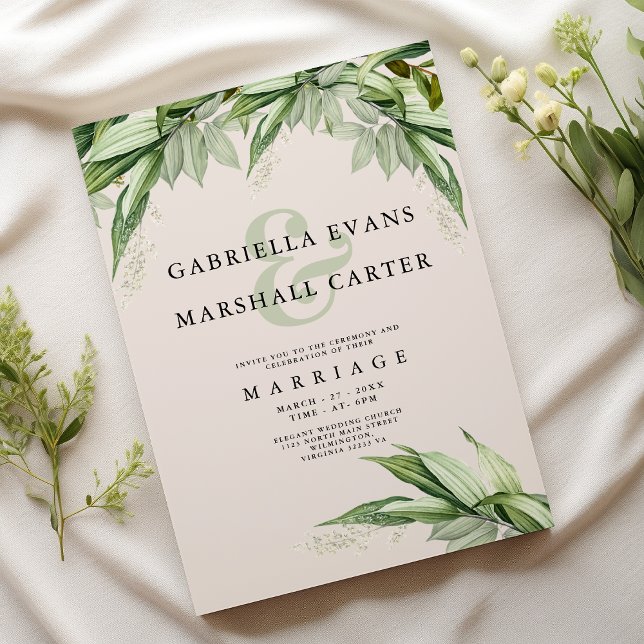 Chic Elfenbein grünes Blattblumen Ampere und Hochz Einladung (Chic ivory green foliage floral ampersand wedding)
