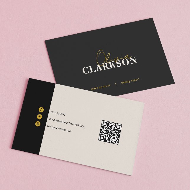 Chic Elfenbein Schwarz Gold Minimalist QR-Code Visitenkarte (Von Creator hochgeladen)