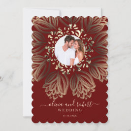 Chic Elgant Burgundy Gold Floral Foto Wedding Einladung